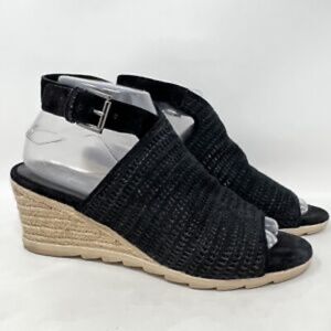 Eileen Fisher Winnie Black Leather Espadrille Wedge Sandal US 8